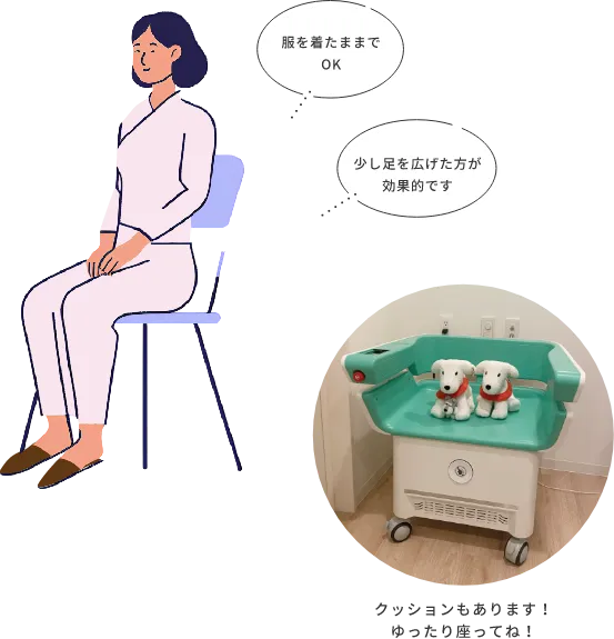 服を着たままでOK。少し足を広げた方が効果的です。クッションもあります、ゆったり座ってね！